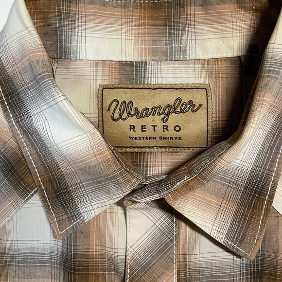 Wrangler Retro Western Shirt Men’s L Pearl Snap Brown Plaid 100% Cotton MV4005M - Picture 2 of 9